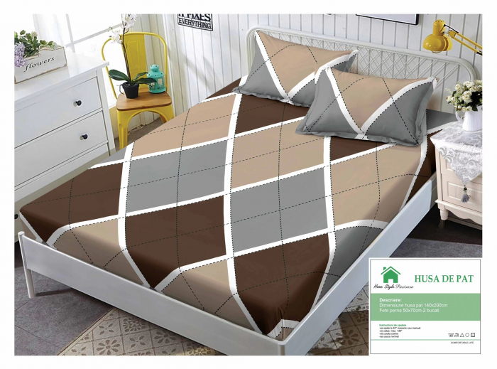 Husa de pat cu elastic 140x200 din Bumbac Finet + 2 Fete de Perna - Maro Gri Crem