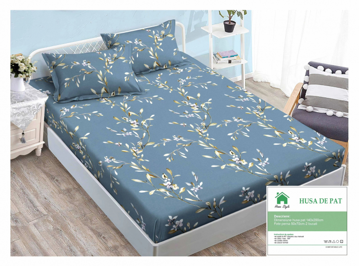 Husa de pat cu elastic 140x200 din Bumbac Finet + 2 Fete de Perna - Albastru Cu Floricele Albe