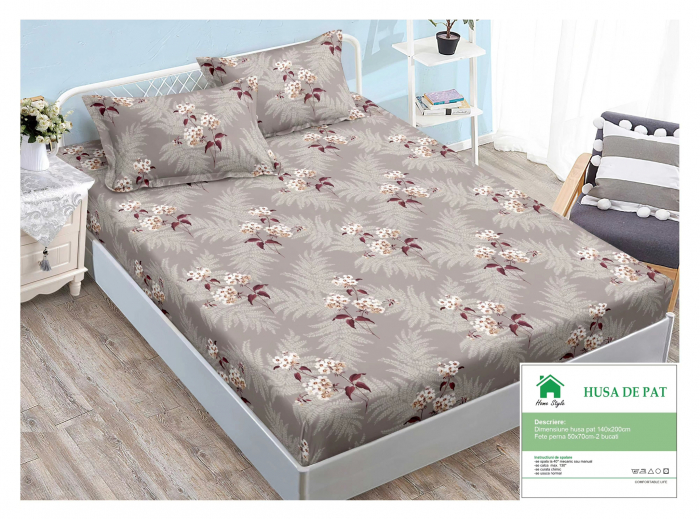 Husa de pat cu elastic 140x200 din Bumbac Finet + 2 Fete de Perna - Gri Cu Mini Floricele