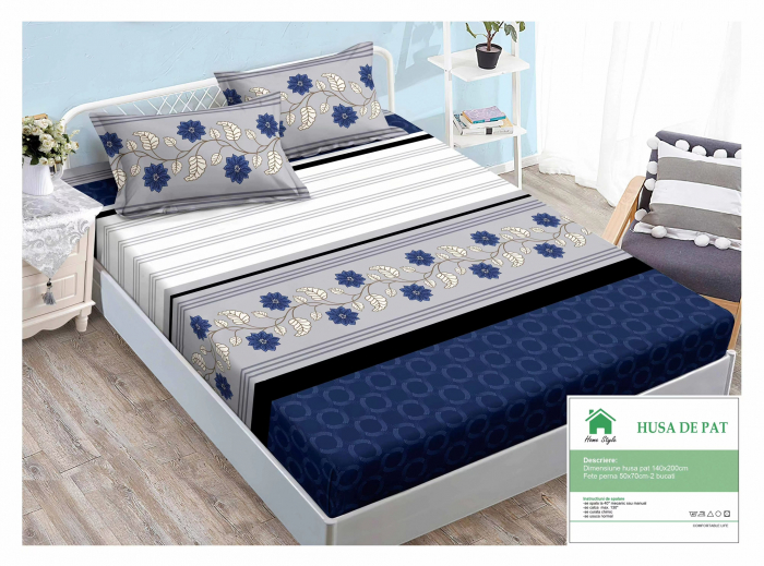Husa de pat cu elastic 140x200 din Bumbac Finet + 2 Fete de Perna - Alb Gri Albastru