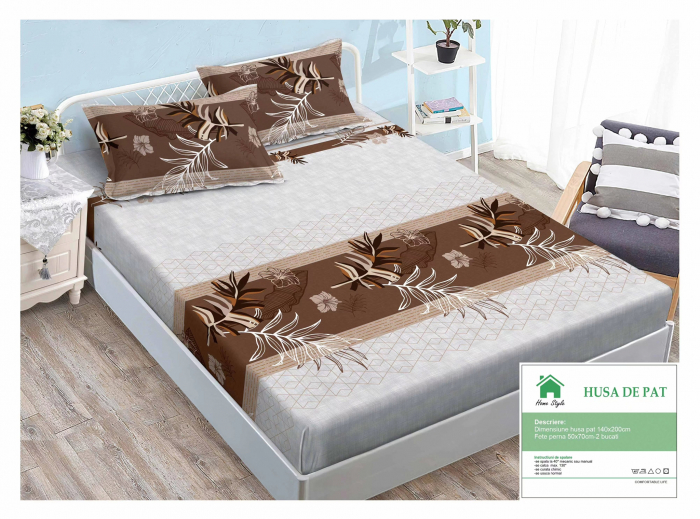 Husa de pat cu elastic 140x200 din Bumbac Finet + 2 Fete de Perna - Alb Maro