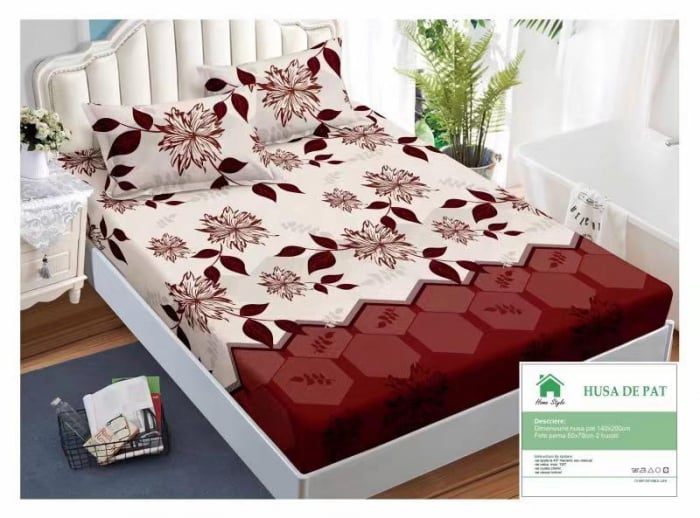 Husa de pat cu elastic 140x200 din Bumbac Finet + 2 Fete de Perna - Grena Crem