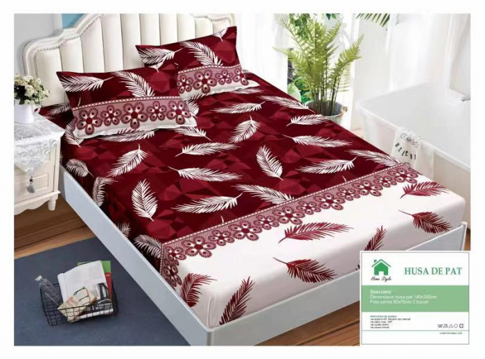 Husa de pat cu elastic 140x200 din Bumbac Finet + 2 Fete de Perna - Alb Rosu Cu Pene
