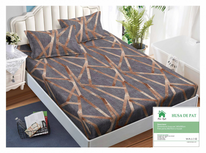 Husa de pat cu elastic 140x200 din Bumbac Finet + 2 Fete de Perna - Geometric Gri Auriu
