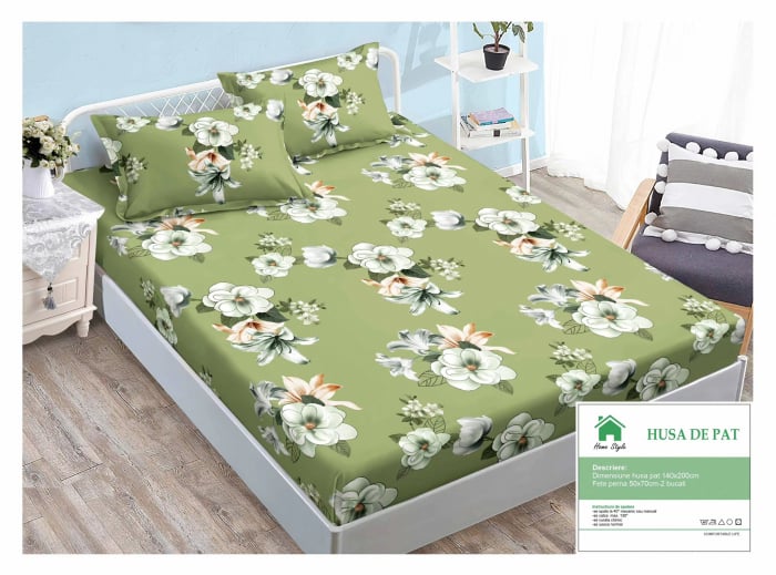Husa de pat cu elastic 140x200 din Bumbac Finet + 2 Fete de Perna - Verde Cu Flori