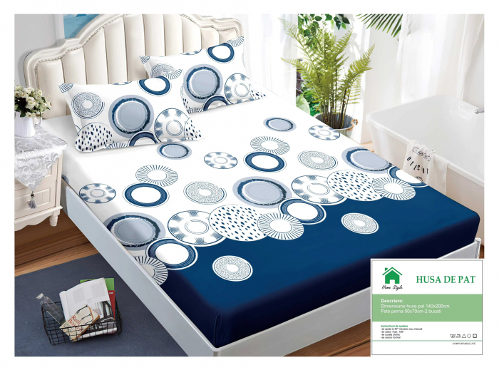 Husa de pat cu elastic 140x200 din Bumbac Finet + 2 Fete de Perna - Alb Albastru