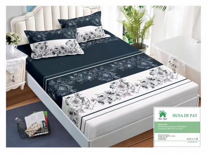 Husa de pat cu elastic 140x200 din Bumbac Finet + 2 Fete de Perna - Bleumarin Alb