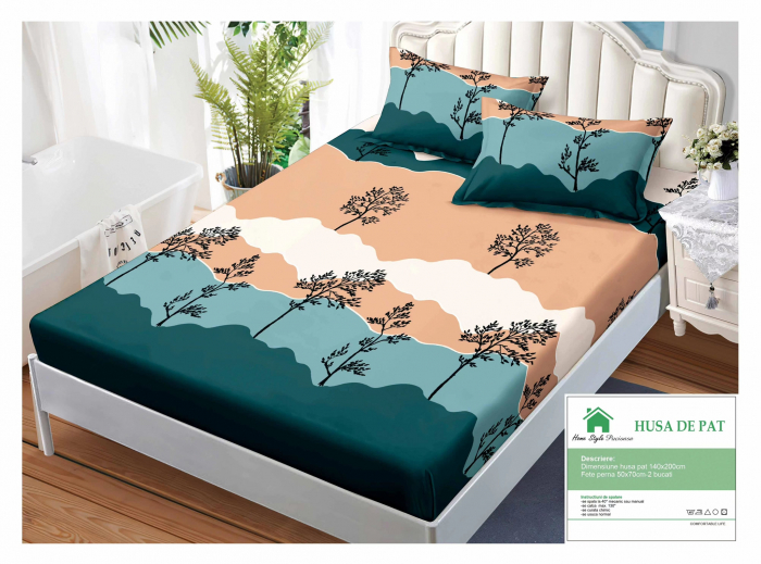 Husa de pat cu elastic 140x200 din Bumbac Finet + 2 Fete de Perna - Peisaj