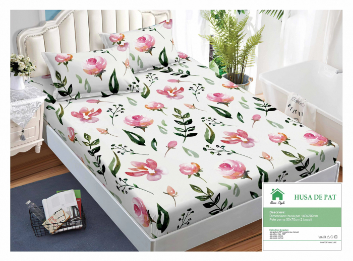Husa de pat cu elastic 140x200 din Bumbac Finet + 2 Fete de Perna - Alb Cu Flori Roz