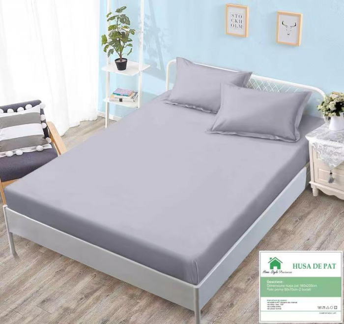 Husa de pat cu elastic 160x200 din Bumbac Finet + 2 Fete de Perna - Gri