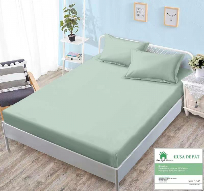 Husa de pat cu elastic 160x200 din Bumbac Finet + 2 Fete de Perna - Verde Menta