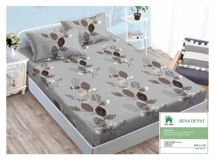 Husa de pat cu elastic 160x200 din Bumbac Finet + 2 Fete de Perna - Gri Cu Frunze Stralucitoare