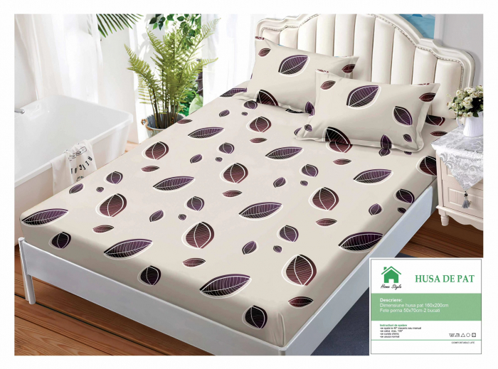 Husa de pat cu elastic 160x200 din Bumbac Finet + 2 Fete de Perna - Bej Cu Frunze