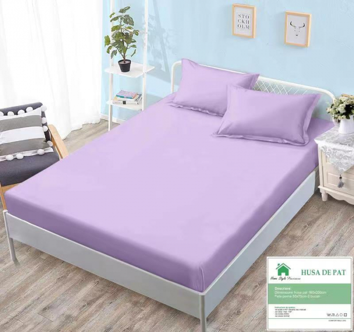 Husa de pat cu elastic 160x200 din Bumbac Finet + 2 Fete de Perna - Mov
