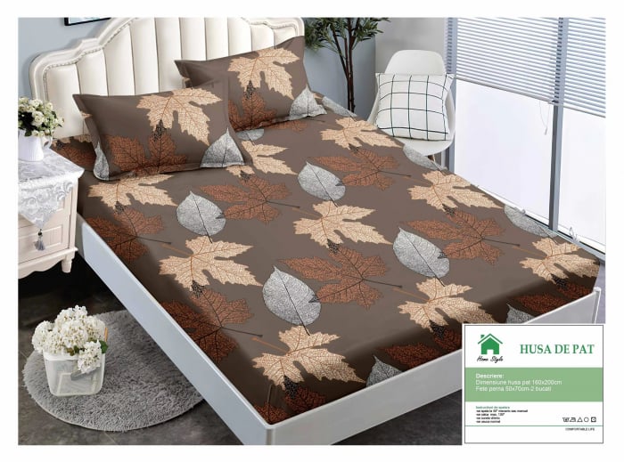 Husa de pat cu elastic 160x200 din Bumbac Finet + 2 Fete de Perna - Maro Cu Frunze De Toamna