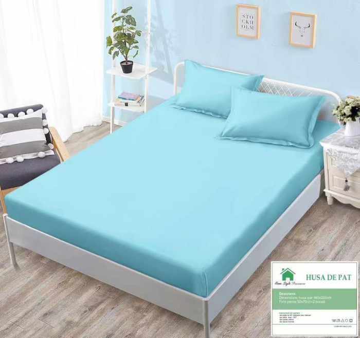 Husa de pat cu elastic 160x200 din Bumbac Finet + 2 Fete de Perna - Bleu