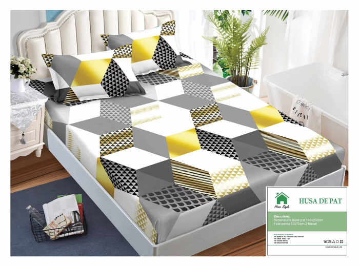 Husa de pat cu elastic 160x200 din Bumbac Finet + 2 Fete de Perna - Gri Alb Galben
