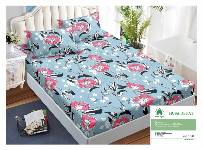 Husa de pat cu elastic 160x200 din Bumbac Finet + 2 Fete de Perna - Albastru Cu Flori Roz