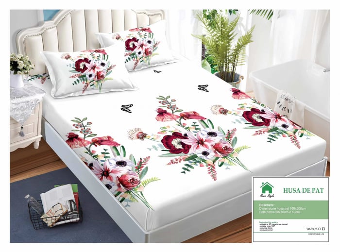 Husa de pat cu elastic 160x200 din Bumbac Finet + 2 Fete de Perna - Alb Flori Colorate