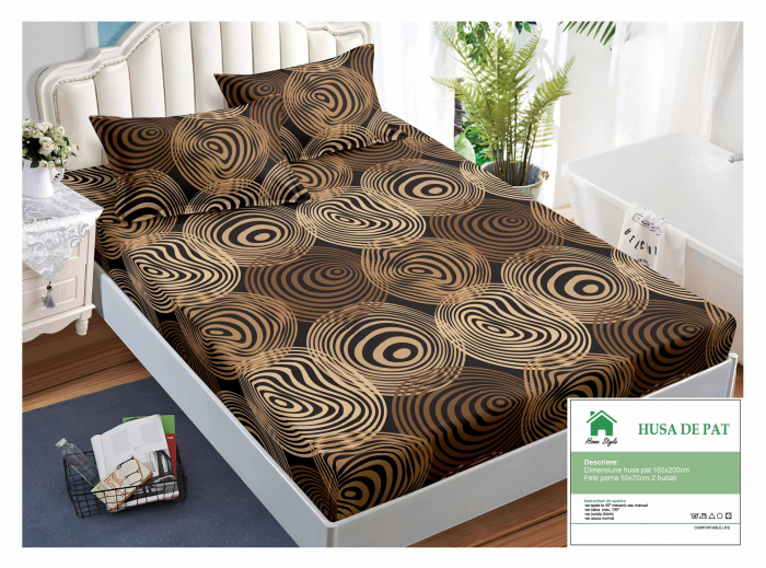 Husa de pat cu elastic 160x200 din Bumbac Finet + 2 Fete de Perna - Maro Modern Design