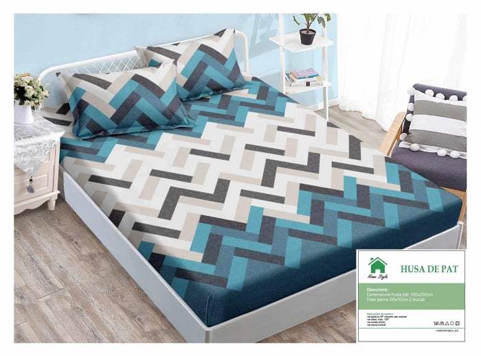 Husa de pat cu elastic 160x200 din Bumbac Finet + 2 Fete de Perna - Crem Albastru