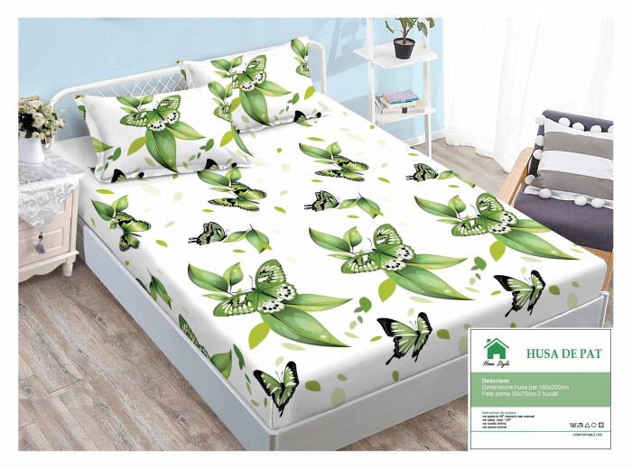 Husa de pat cu elastic 160x200 din Bumbac Finet + 2 Fete de Perna - Alb Fluturi Verzi