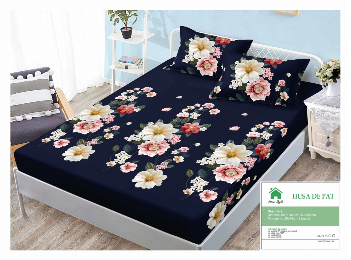 Husa de pat cu elastic 160x200 din Bumbac Finet + 2 Fete de Perna - Bleumarin Cu Flori