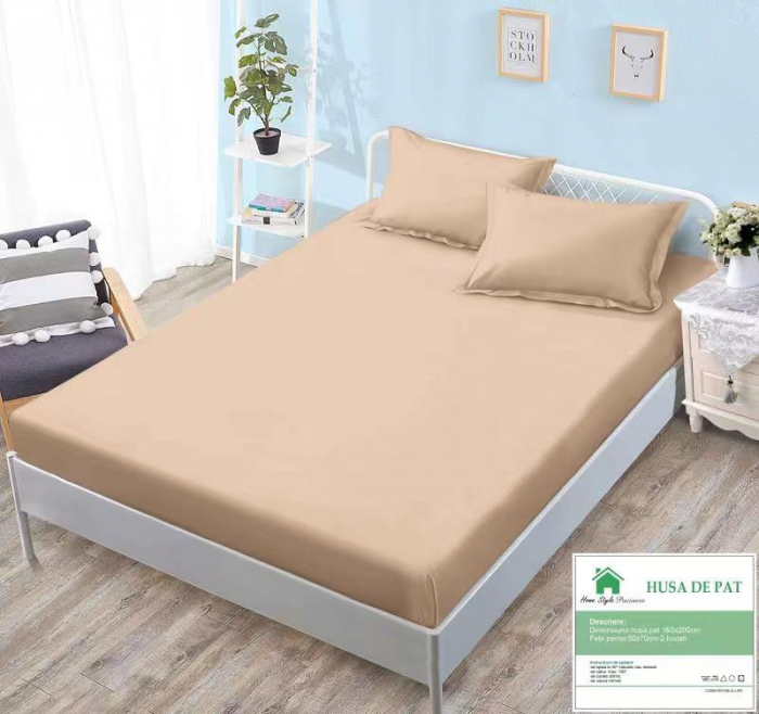 Husa de pat cu elastic 160x200 din Bumbac Finet + 2 Fete de Perna - Bej