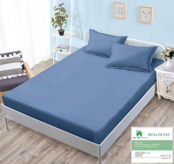 Husa de pat cu elastic 160x200 din Bumbac Finet + 2 Fete de Perna - Albastru