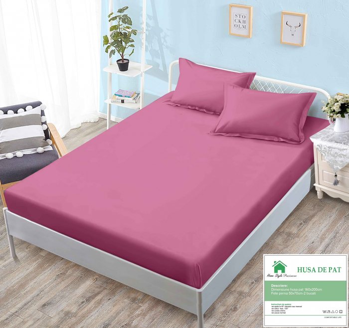Husa de pat cu elastic 160x200 din Bumbac Finet + 2 Fete de Perna - Roz