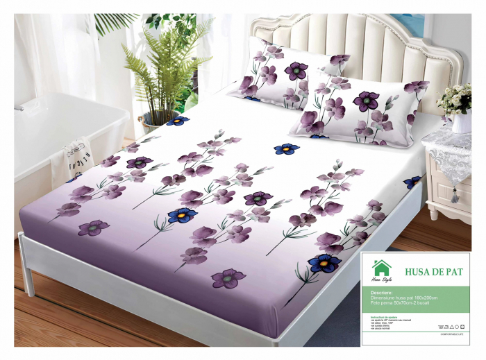 Husa de pat cu elastic 160x200 din Bumbac Finet + 2 Fete de Perna - Mov Alb