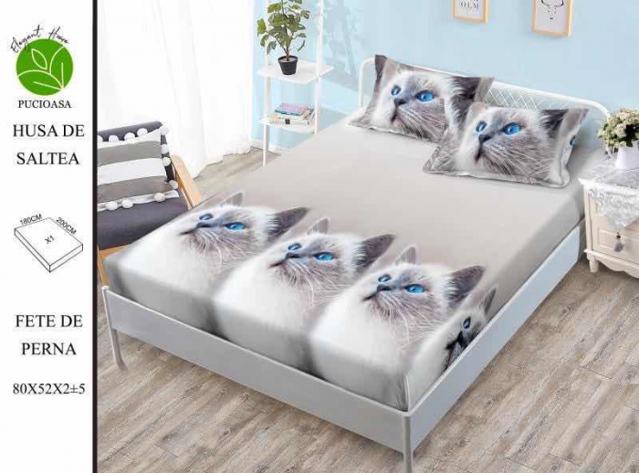 Husa de pat cu elastic 180x200 din Bumbac Finet + 2 Fete de Perna - Pisici