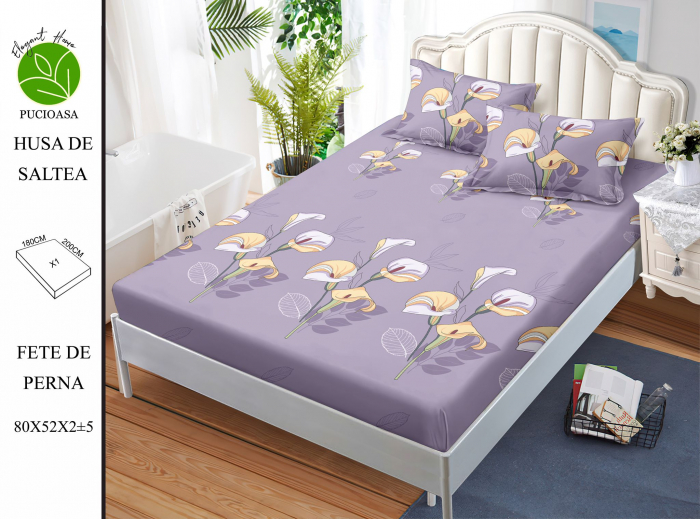 Husa de pat cu elastic 180x200 din Bumbac Finet + 2 Fete de Perna - Mov Cu Flori