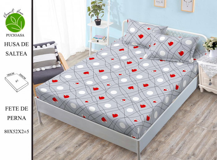 Husa de pat cu elastic 180x200 din Bumbac Finet + 2 Fete de Perna - Gri Cu Inimioare