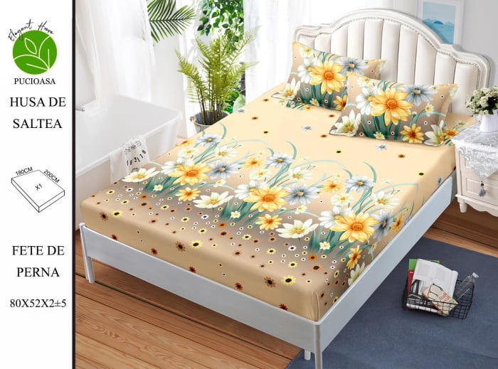 Husa de pat cu elastic 180x200 din Bumbac Finet + 2 Fete de Perna - Camp De Flori