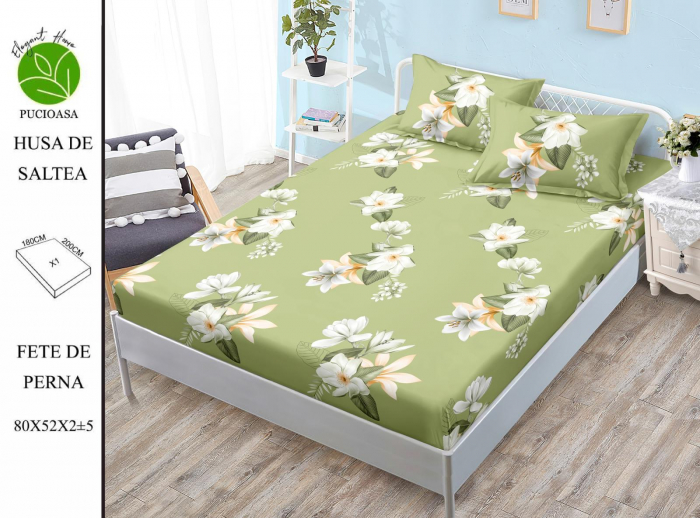 Husa de pat cu elastic 180x200 din Bumbac Finet + 2 Fete de Perna - Verde Cu Flori
