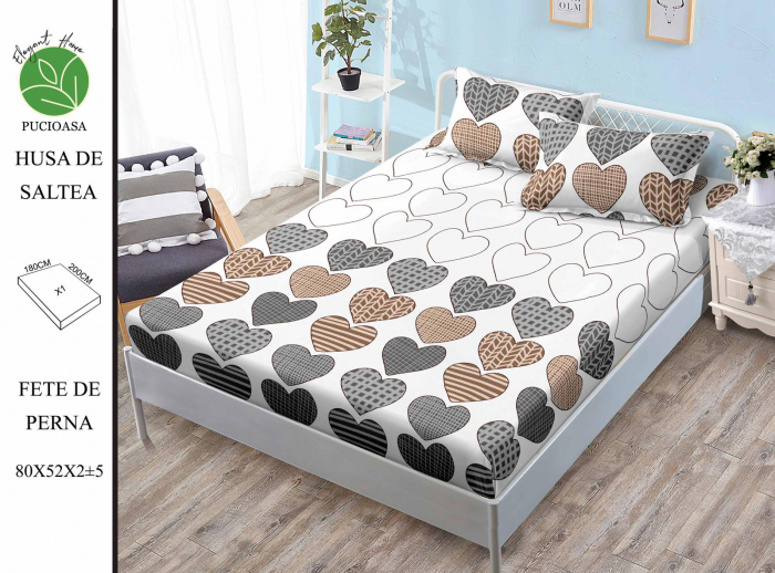Husa de pat cu elastic 180x200 din Bumbac Finet + 2 Fete de Perna - Inimi Colorate