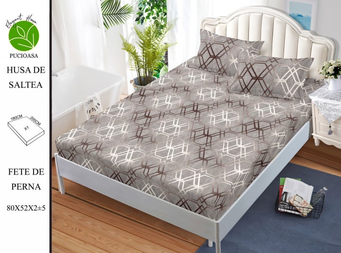 Husa de pat cu elastic 180x200 din Bumbac Finet + 2 Fete de Perna - Gri Geometric
