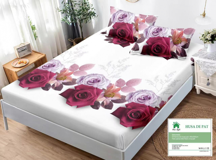 Husa de pat cu elastic 180x200 din Bumbac Finet + 2 Fete de Perna - Alb Cu Trandafiri Roz