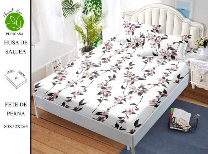 Husa de pat cu elastic 180x200 din Bumbac Finet + 2 Fete de Perna - Flori Roz Pal
