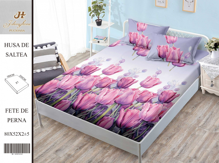 Husa de pat cu elastic 180x200 din Bumbac Finet + 2 Fete de Perna - Lalele