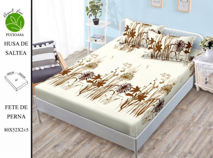 Husa de pat cu elastic 180x200 din Bumbac Finet + 2 Fete de Perna - Papadii