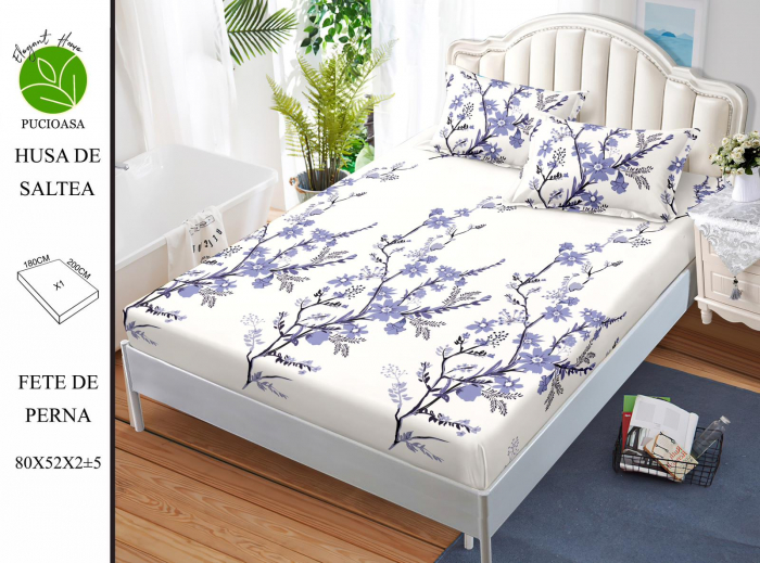 Husa de pat cu elastic 180x200 din Bumbac Finet + 2 Fete de Perna - Flori Mov