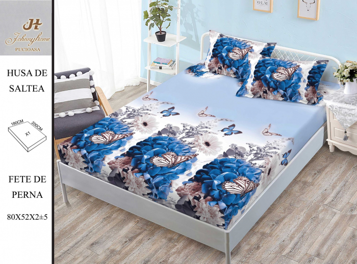 Husa de pat cu elastic 180x200 din Bumbac Finet + 2 Fete de Perna - Fluturi Albastri [1]