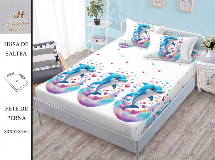 Husa de pat cu elastic 180x200 din Bumbac Finet + 2 Fete de Perna - Delfin