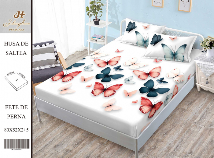 Husa de pat cu elastic 180x200 din Bumbac Finet + 2 Fete de Perna - Fluturi