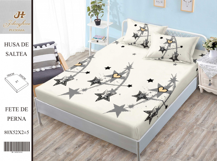 Husa de pat cu elastic 180x200 din Bumbac Finet + 2 Fete de Perna - Stele
