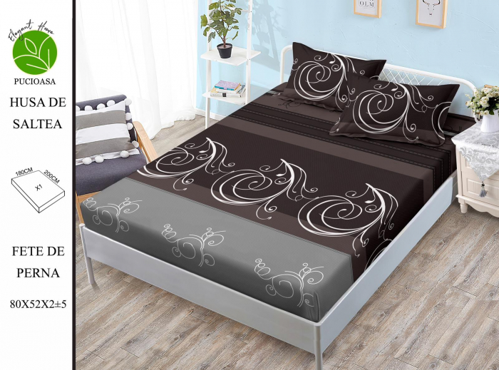 Husa de pat cu elastic 180x200 din Bumbac Finet + 2 Fete de Perna - Maro