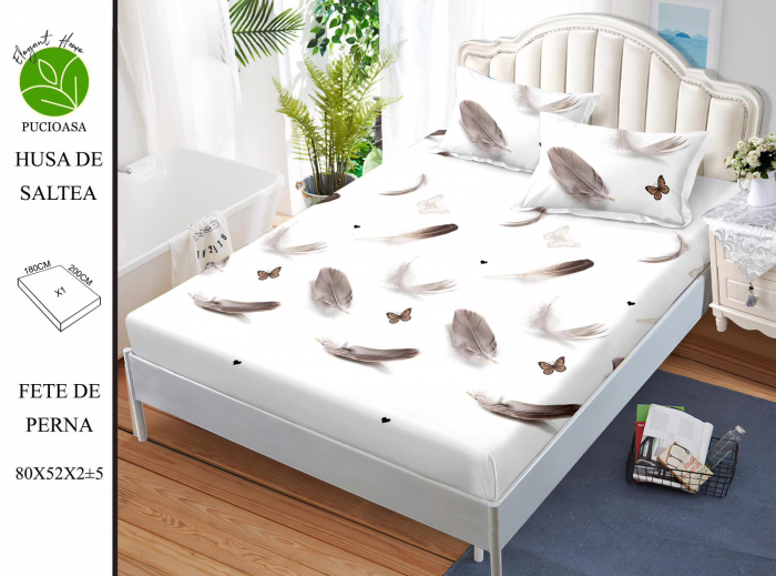 Husa de pat cu elastic 180x200 din Bumbac Finet + 2 Fete de Perna - Pene Fluturi