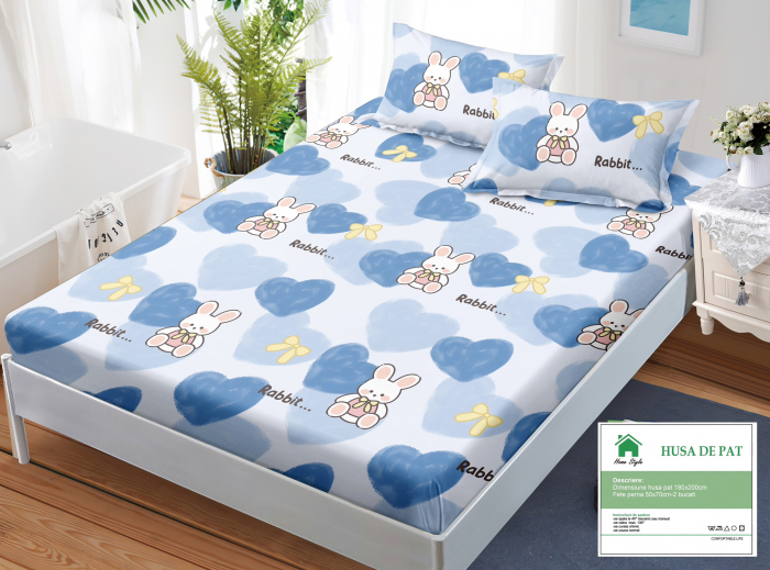 Husa de pat cu elastic 180x200 din Bumbac Finet + 2 Fete de Perna - Rabbit